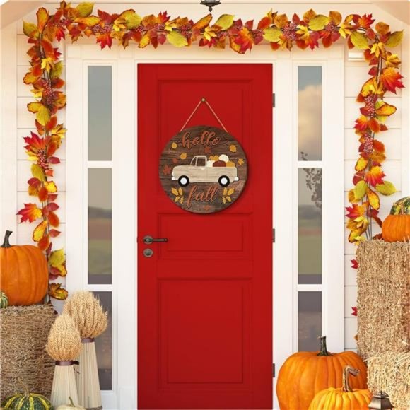 Hello Fall Wooden Sign Pumpkin Welcome Sign Truck Sign Hanging Carrying Pumpkin - Picture 6 of 6